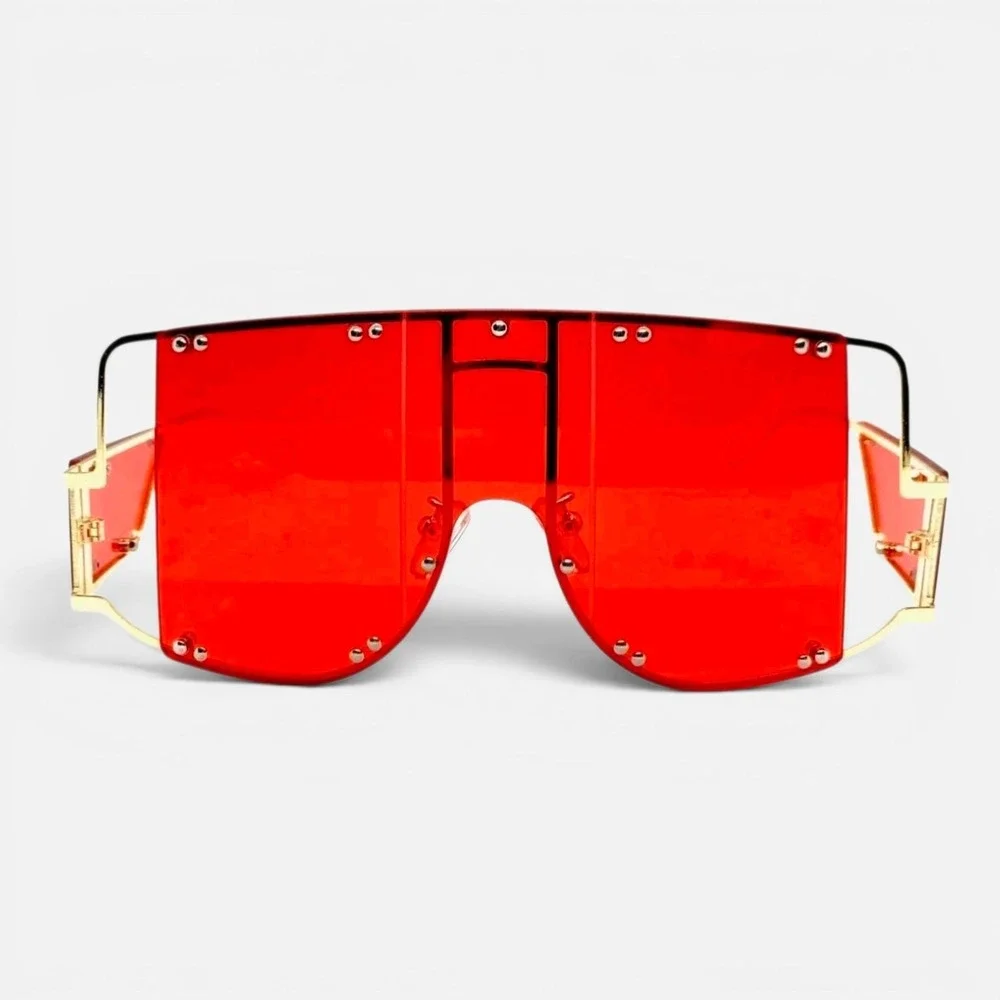 Shield Sunglasses Unisex OS Red NEW Oversized Futuristic Cyberpunk Gold Trim
